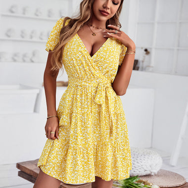 Leisure holiday wrapped chest floral temperament dress