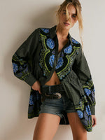 Printed lapel long-sleeved loose-fitting dress - D'Sare