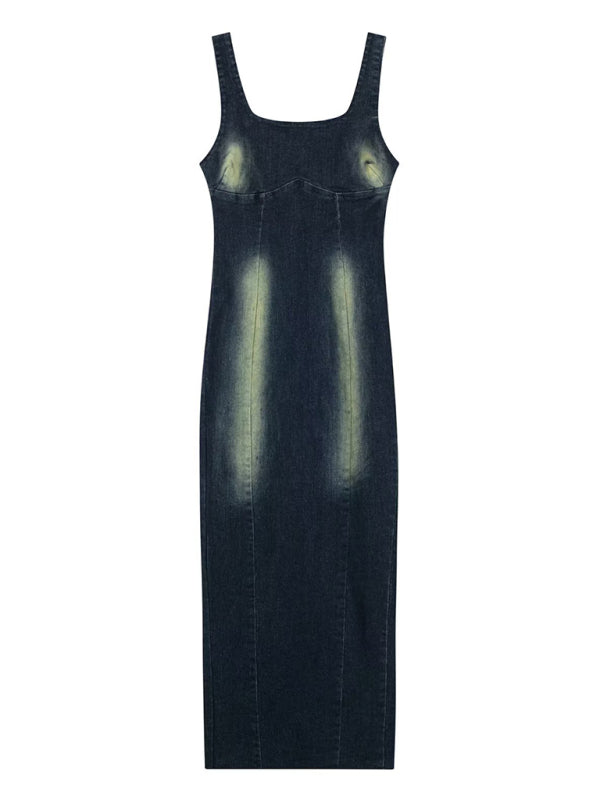 Women's elegant suspender denim long dress