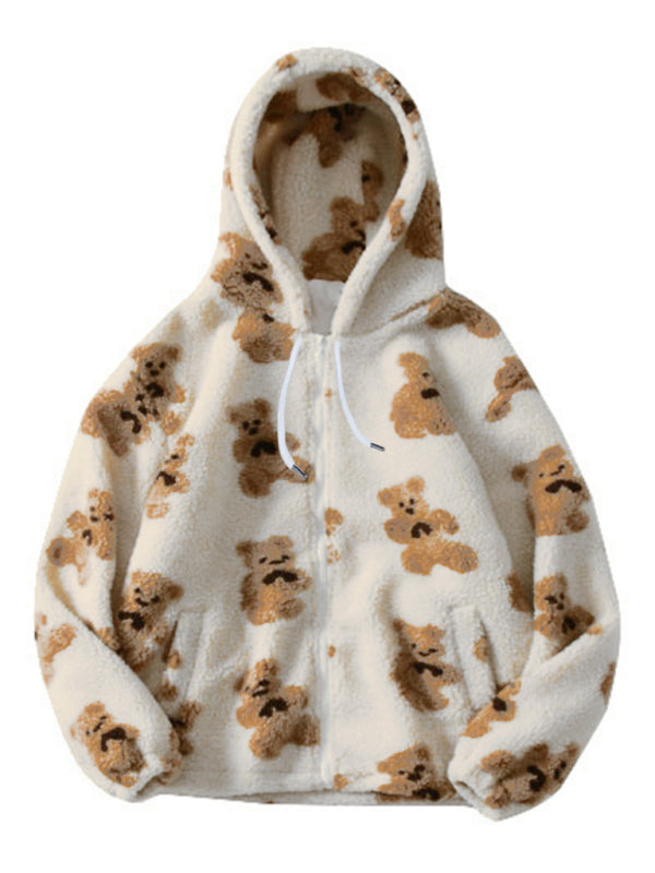 Teddy pattern loose teddy fur hooded sweatshirt