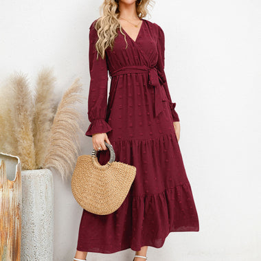 Women's casual belted dress with large hem