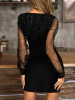 Mesh V-neck sequined long-sleeved dress slim dress for women