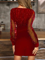 Mesh V-neck sequined long-sleeved dress slim dress for women