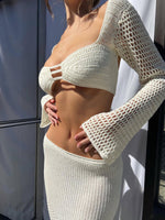 Tie long sleeve hip-hugging casual knitted maxi skirt suit