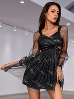 Women's V-neck Sequined Lace YHollow Dress