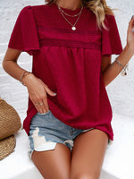 Women's elegant solid color short-sleeved lace blouse