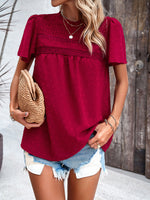 Women's elegant solid color short-sleeved lace blouse