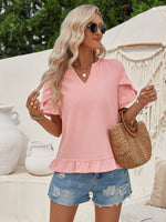 Women's casual short-sleeved shirt solid color V-neck top