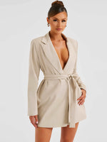 Elegant lapel waist tie mid-length suit dress - D'Sare