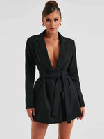 Elegant lapel waist tie mid-length suit dress - D'Sare