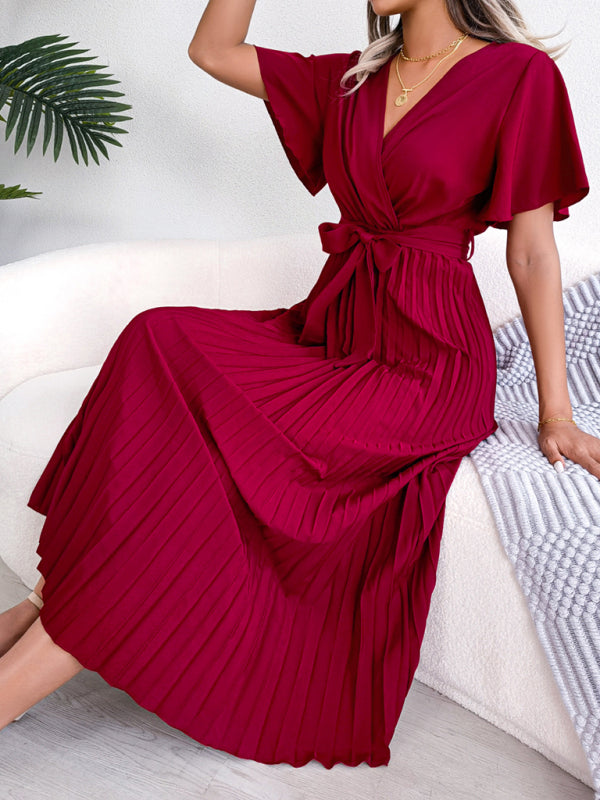 New women's temperament crossover V-neck pleated dress with wide hem