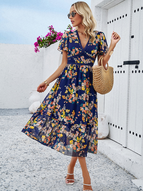 Women's new casual holiday printed V-neck short-sleeved waist dress