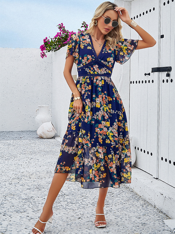 Women's new casual holiday printed V-neck short-sleeved waist dress