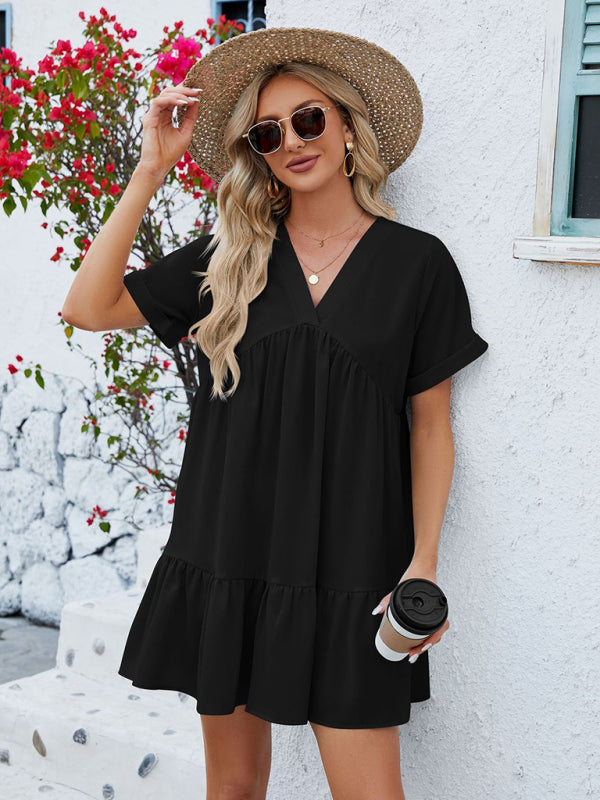 Women's new V-neck solid color short-sleeved pleated loose dress