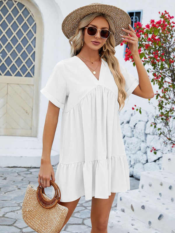 Women's new V-neck solid color short-sleeved pleated loose dress