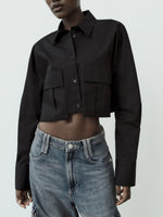 Women's New Fashion Casual Lapel Street Pocket Decoration Long Sleeve Short Shirt