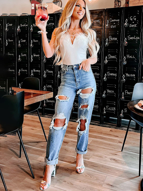Women's Straight High Waist Slimming Ripped Jeans