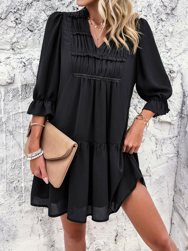 New solid color casual V-neck mid-sleeve dress