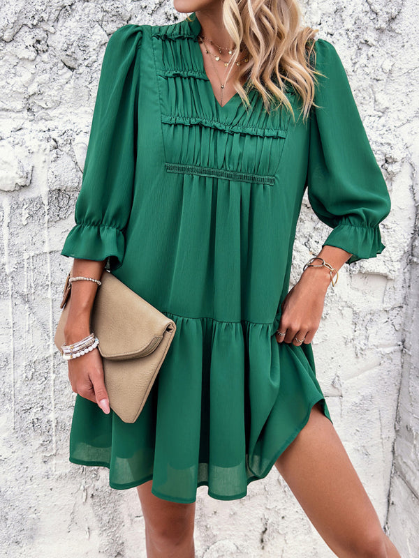 New solid color casual V-neck mid-sleeve dress