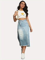 Versatile American retro denim fashionable slit splicing mid-length a-line skirt