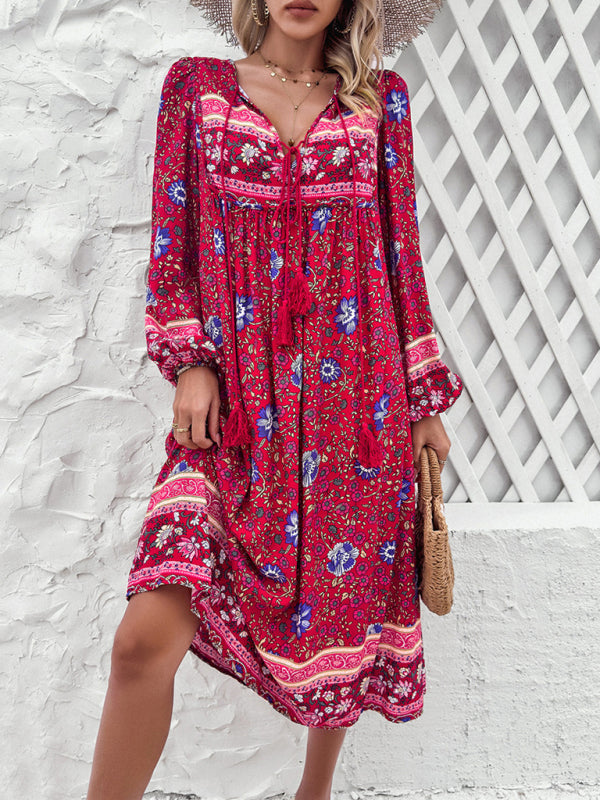 Women's Casual Resort Printed Bohemian Long Sleeve Dress