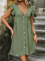 Women's solid color V-neck flying sleeve A-line dress - D'Sare