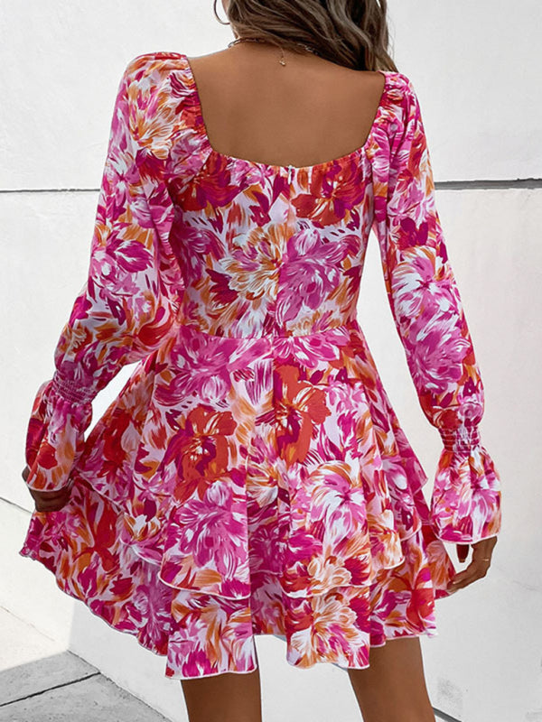 New square neck floral print ruffle short dress