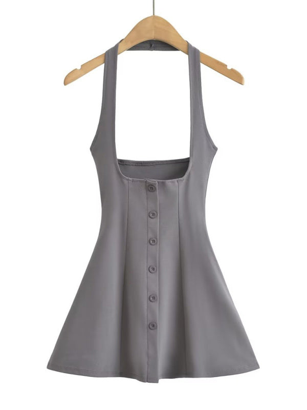 Wide-brimmed halterneck high-waisted multi-button umbrella skirt and stretch skirt