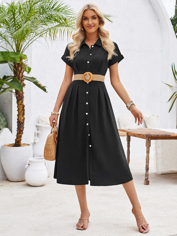 New solid color lapel single-breasted short-sleeved pleated dress