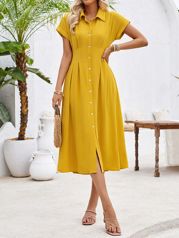 New solid color lapel single-breasted short-sleeved pleated dress