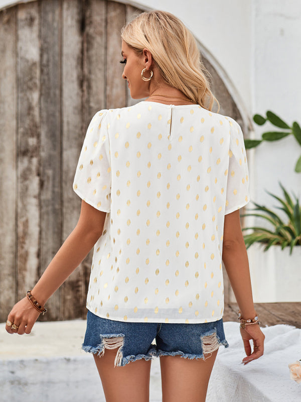 Chic Polka Dot Pleated Round Neck Blouse Short Sleeve Top