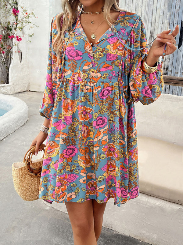 New V-neck loose casual full-body printed dress