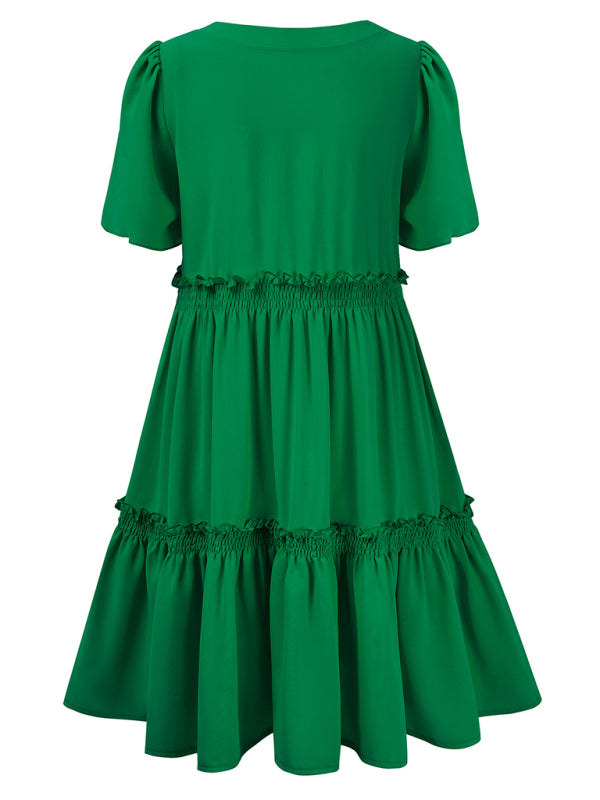 New fashionable solid color V-neck casual ruffle sleeve dress
