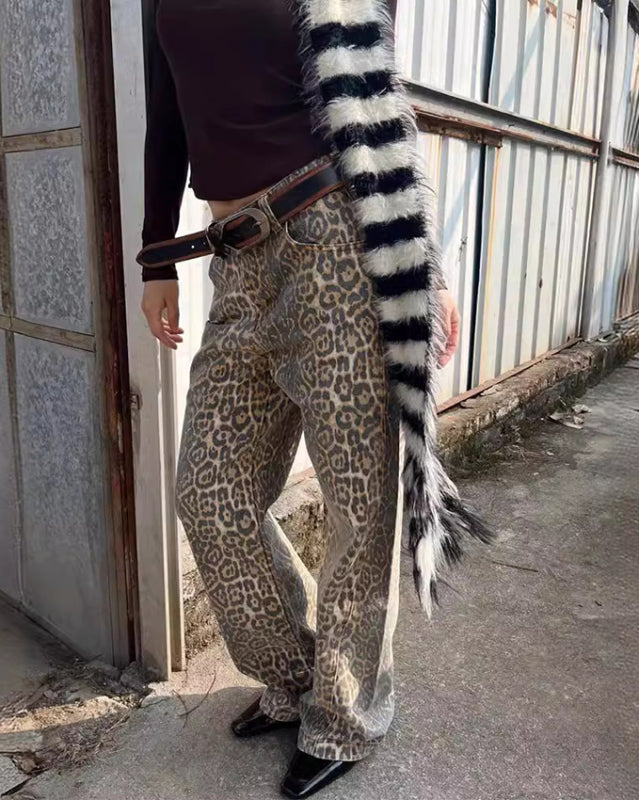 New retro leopard print street straight wide leg loose denim trousers