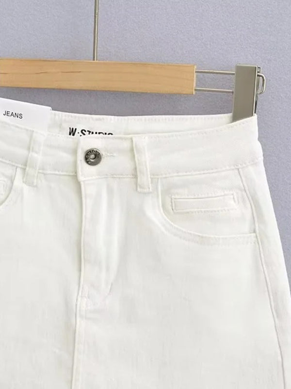 Hot girl's high-waist elastic hip-covering slim-fit anti-exposure raw edge A-line denim skirt