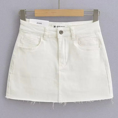 Hot girl's high-waist elastic hip-covering slim-fit anti-exposure raw edge A-line denim skirt - D'Sare