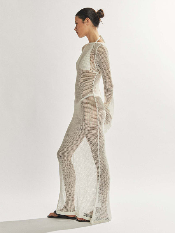 New style knitted long-sleeved backless sexy see-through floor-length maxi dress