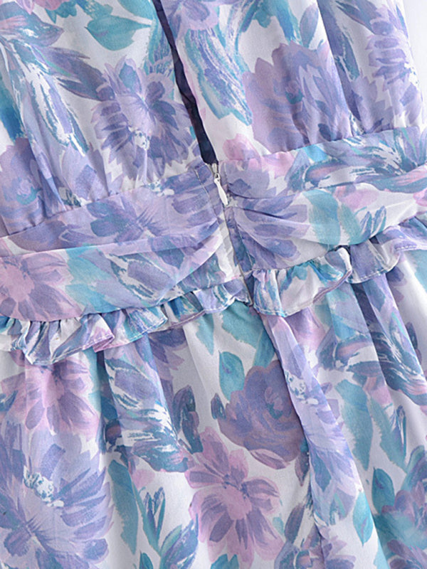 Women's Fashion Floral Print Puff Sleeve High Waist Fungus Side Cut Dress