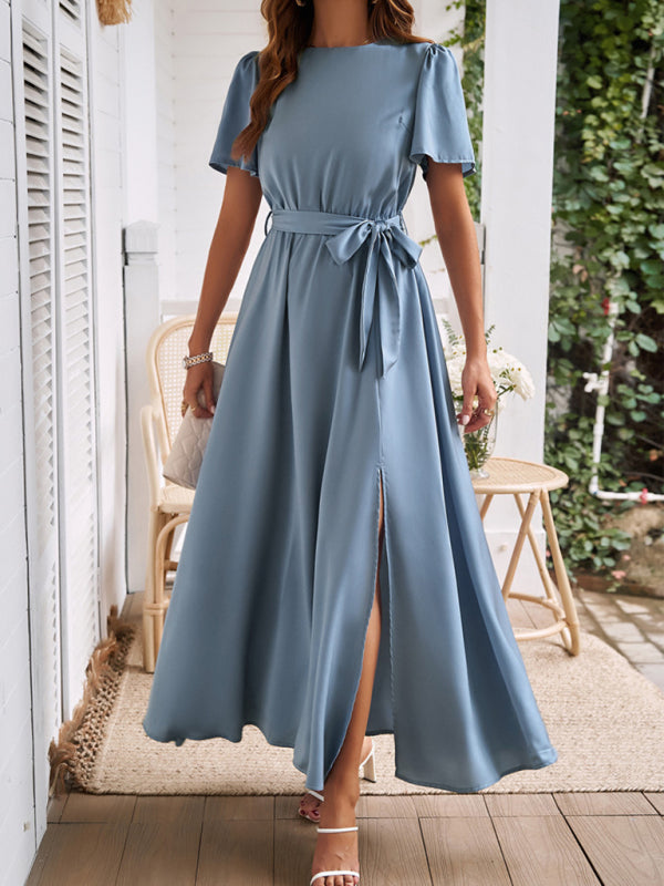 New style solid color lace-up slit dress