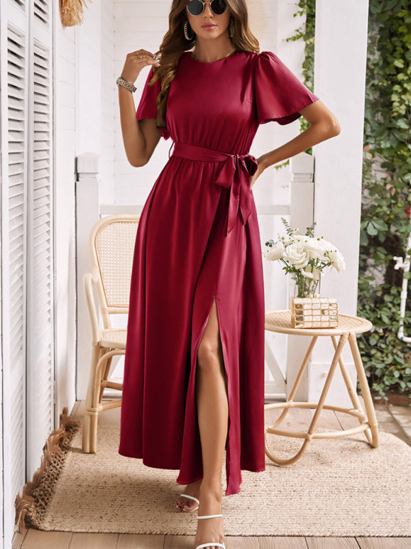New style solid color lace-up slit dress