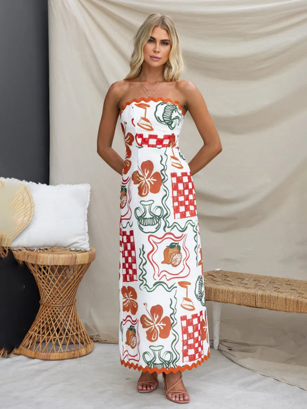 Spring and summer new style breast-wrapped pleated casual printed dress
