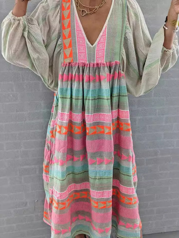 New fashionable pullover deep V-neck loose puff sleeve colorful casual dress