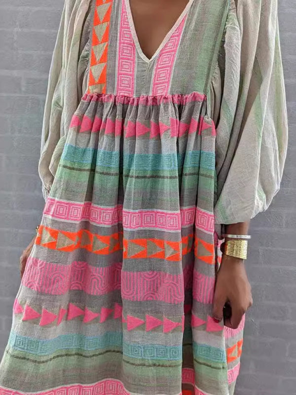 New fashionable pullover deep V-neck loose puff sleeve colorful casual dress