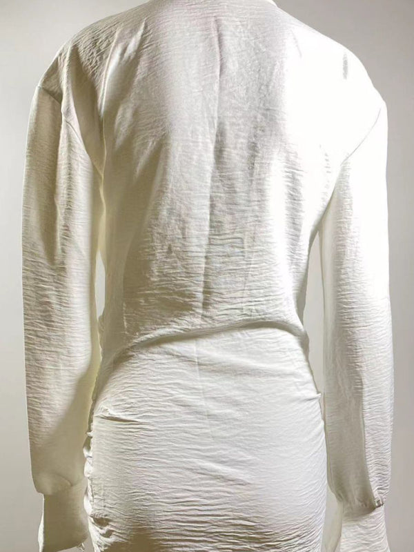 Long sleeve white shirt sexy deep V women's dress