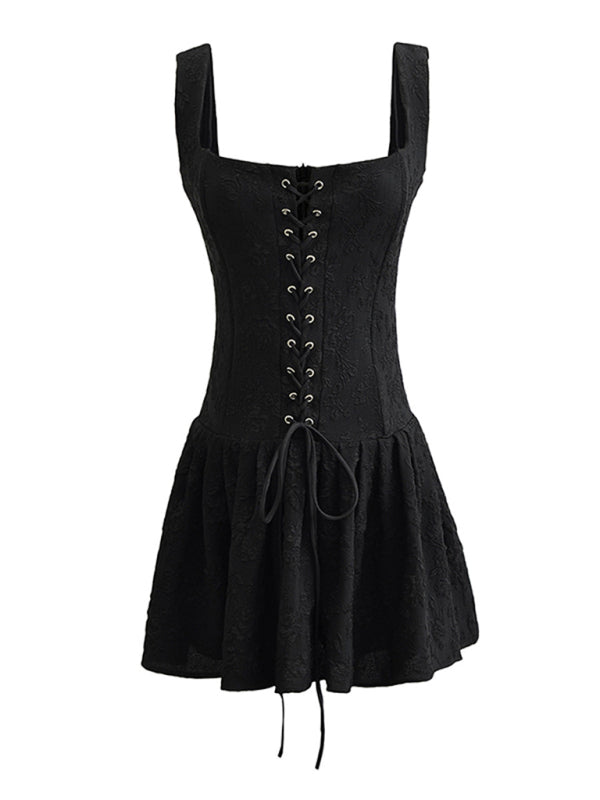 Sexy hot girl strappy high-waisted low-cut suspender pleated embroidered short dress