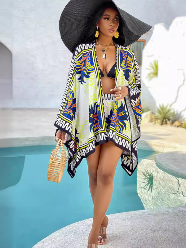 Women's casual printed cardigan shorts two-piece set