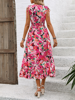 New Sleeveless Sweet Belted V-Neck Printed Dress - D'Sare