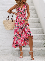 New Sleeveless Sweet Belted V-Neck Printed Dress - D'Sare