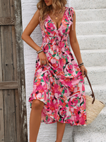 New Sleeveless Sweet Belted V-Neck Printed Dress - D'Sare