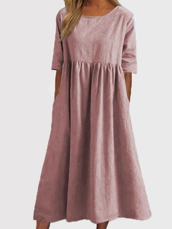 New round neck 5-quarter sleeves large size casual loose long solid color dress